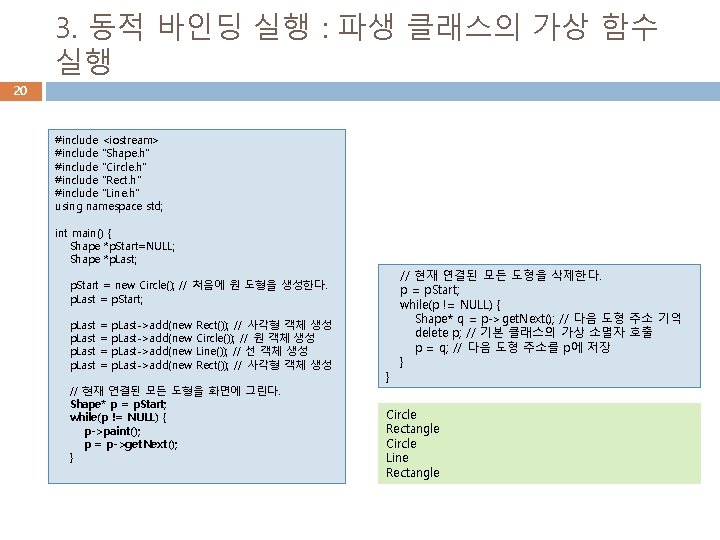 3. 동적 바인딩 실행 : 파생 클래스의 가상 함수 실행 20 #include <iostream> #include