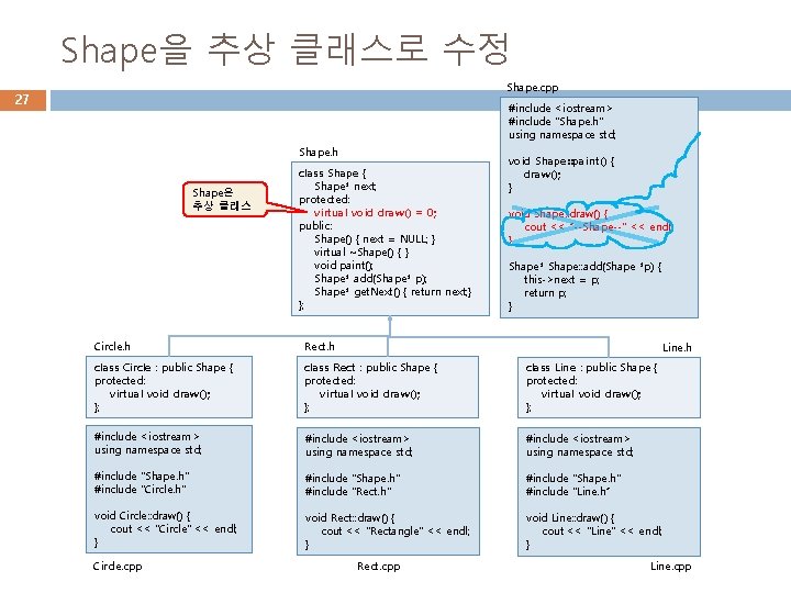 Shape을 추상 클래스로 수정 Shape. cpp 27 #include <iostream> #include "Shape. h" using namespace