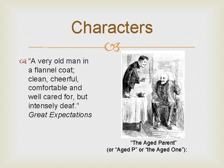 Characters “A very old man in a flannel coat; clean, cheerful, comfortable and well