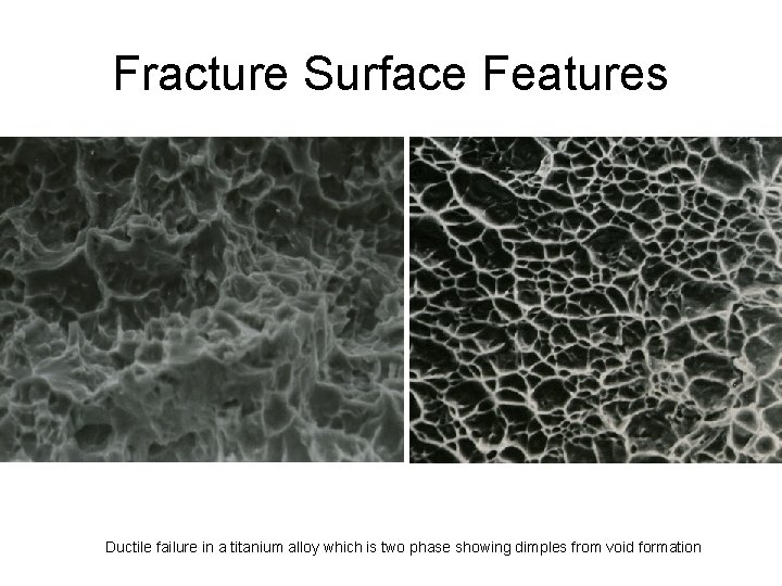 Fracture Surface Features Ductile failure in a titanium alloy which is two phase showing