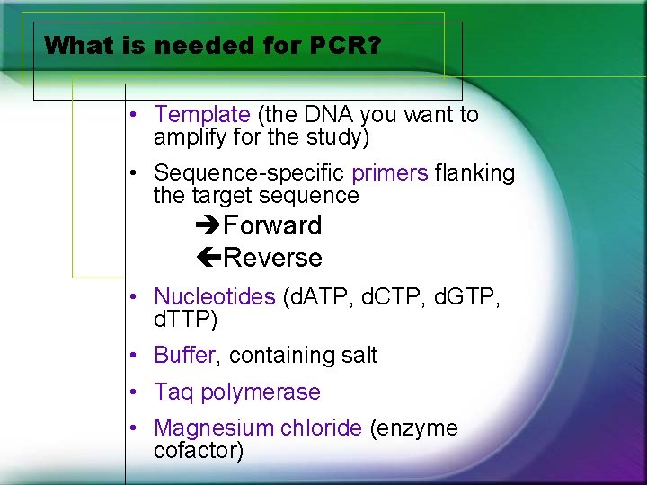 What is needed for PCR? • Template (the DNA you want to amplify for What is needed for PCR? • Template (the DNA you want to amplify for