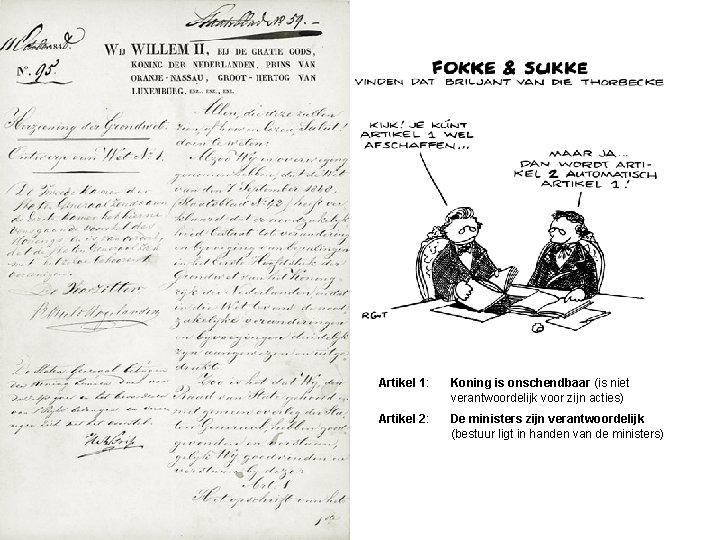 Artikel 1: Koning is onschendbaar (is niet verantwoordelijk voor zijn acties) Artikel 2: De