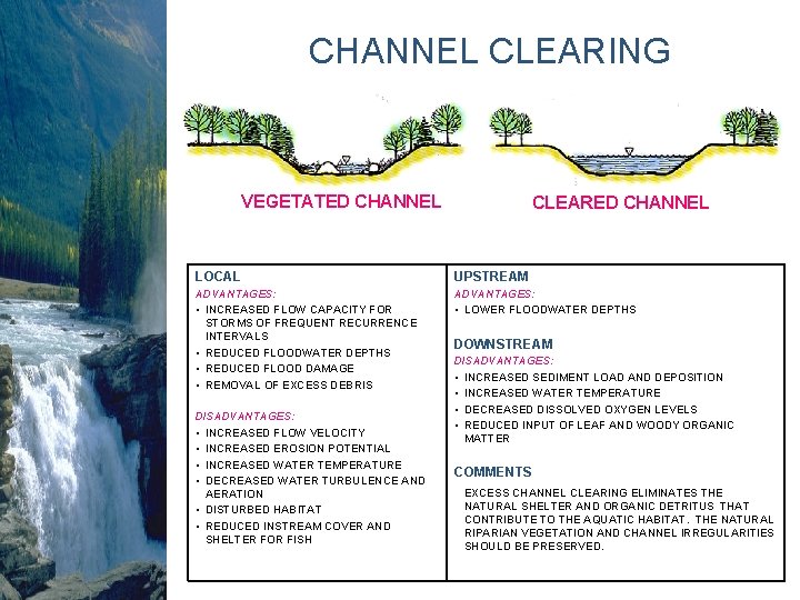 CHANNEL CLEARING VEGETATED CHANNEL CLEARED CHANNEL LOCAL UPSTREAM ADVANTAGES: • INCREASED FLOW CAPACITY FOR CHANNEL CLEARING VEGETATED CHANNEL CLEARED CHANNEL LOCAL UPSTREAM ADVANTAGES: • INCREASED FLOW CAPACITY FOR