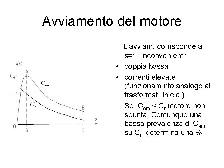 Avviamento del motore L’avviam. corrisponde a s=1. Inconvenienti: • coppia bassa • correnti elevate