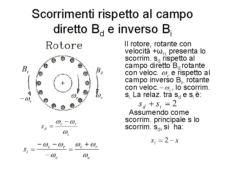 Scorrimenti rispetto al campo diretto Bd e inverso Bi Il rotore, rotante con velocità