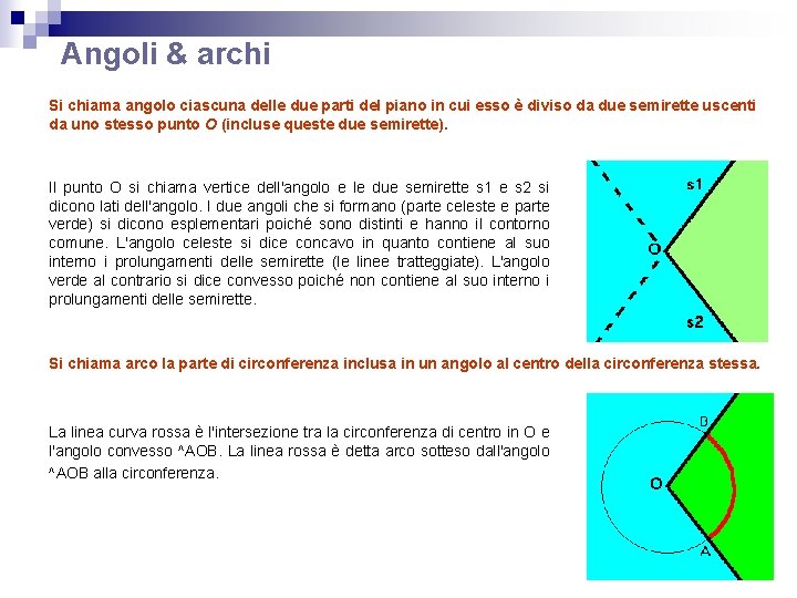 Angoli & archi Si chiama angolo ciascuna delle due parti del piano in cui