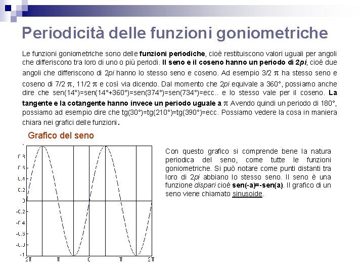 Periodicità delle funzioni goniometriche Le funzioni goniometriche sono delle funzioni periodiche, cioè restituiscono valori