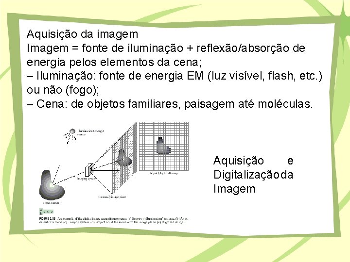 Aquisição da imagem Imagem = fonte de iluminação + reflexão/absorção de energia pelos elementos