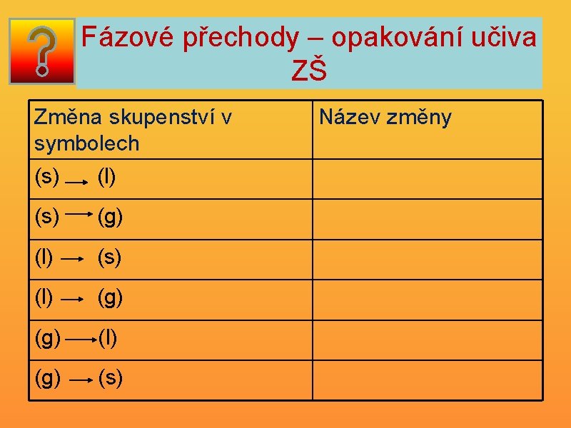 Fázové přechody – opakování učiva ZŠ Změna skupenství v symbolech (s) (l) (s) (g)