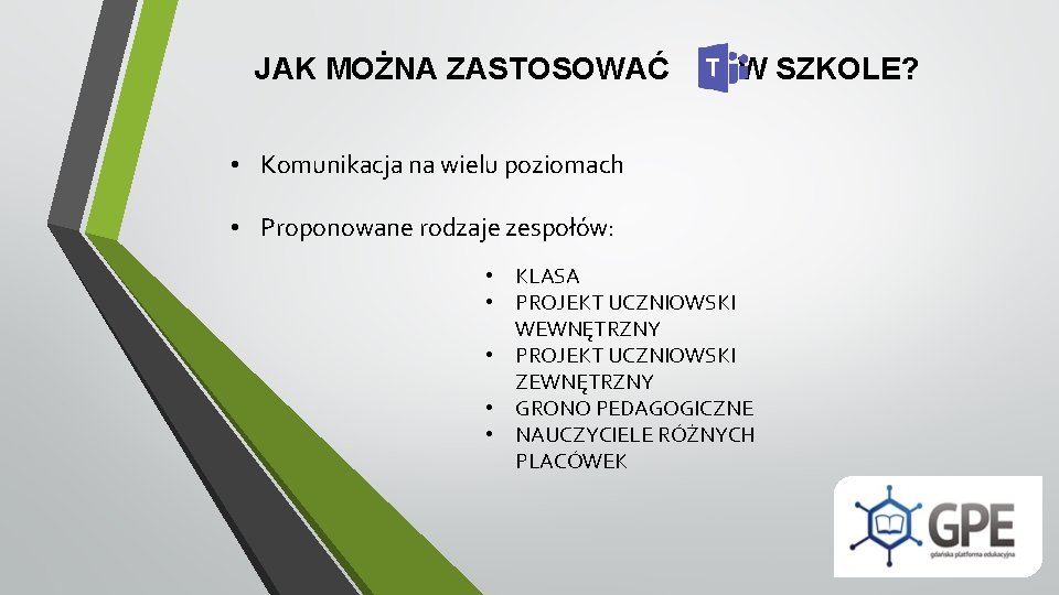 JAK MOŻNA ZASTOSOWAĆ W SZKOLE? • Komunikacja na wielu poziomach • Proponowane rodzaje zespołów: