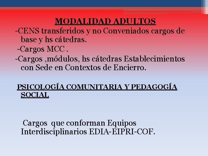 MODALIDAD ADULTOS -CENS transferidos y no Conveniados cargos de base y hs cátedras. -Cargos