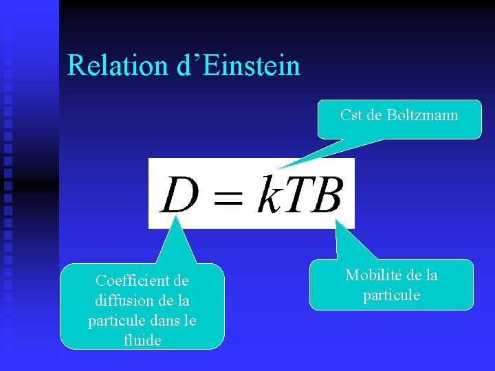 Relation d’Einstein Cst de Boltzmann Coefficient de diffusion de la particule dans le fluide