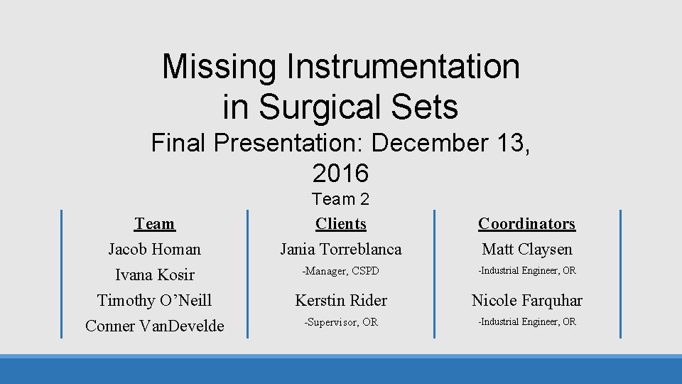 Missing Instrumentation in Surgical Sets Final Presentation: December 13, 2016 Team Jacob Homan Ivana