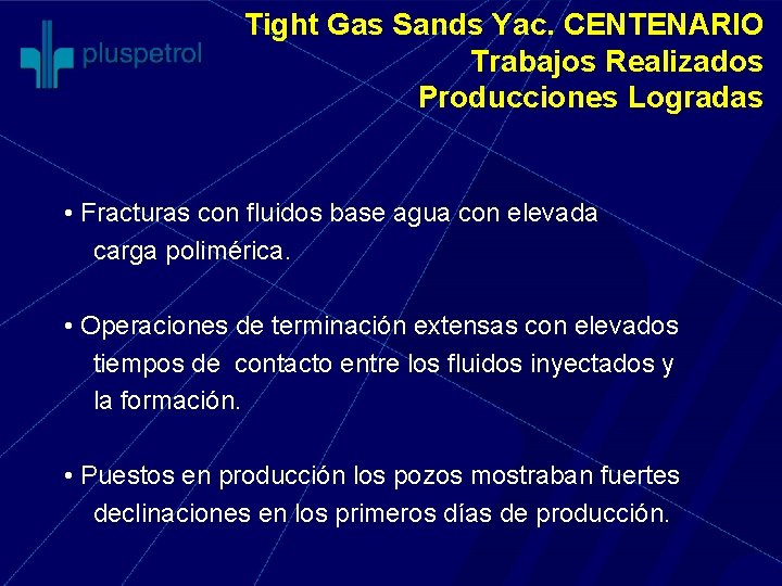 Tight Gas Sands Yac. CENTENARIO Trabajos Realizados Producciones Logradas • Fracturas con fluidos base