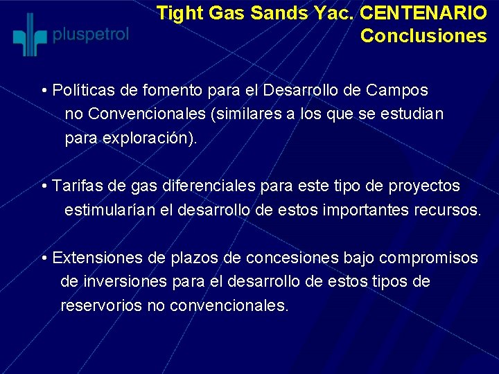 Tight Gas Sands Yac. CENTENARIO Conclusiones • Políticas de fomento para el Desarrollo de