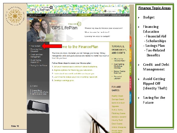 Finance Topic Areas Ø Ø Ø Slide 10 Budget Financing Education - Financial Aid Finance Topic Areas Ø Ø Ø Slide 10 Budget Financing Education - Financial Aid