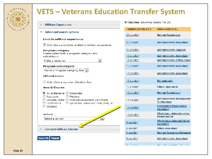 VETS – Veterans Education Transfer System Slide 33 VETS – Veterans Education Transfer System Slide 33