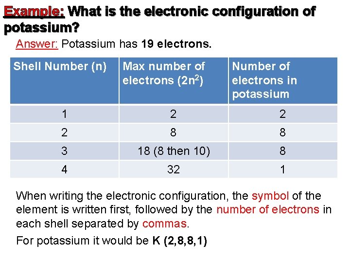 Example: What is the electronic configuration of potassium? Answer: Potassium has 19 electrons. Shell