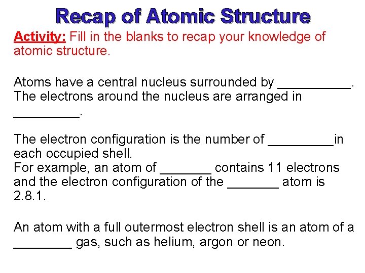 Recap of Atomic Structure Activity: Fill in the blanks to recap your knowledge of