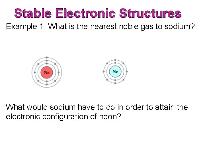 Stable Electronic Structures Example 1: What is the nearest noble gas to sodium? What