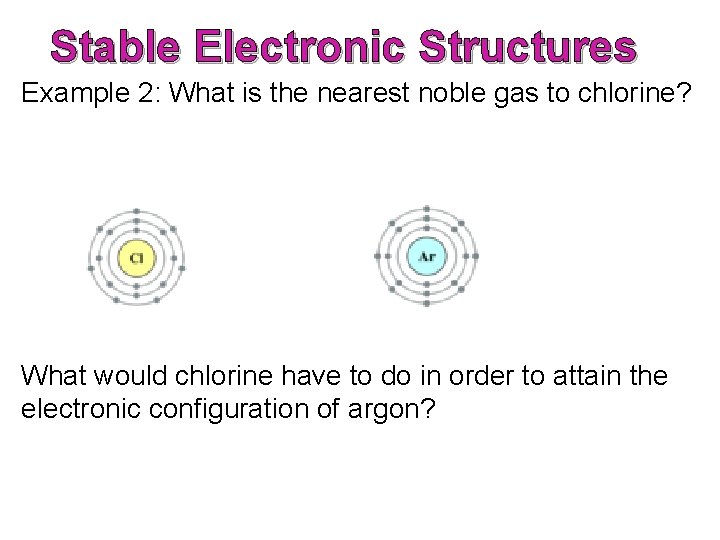 Stable Electronic Structures Example 2: What is the nearest noble gas to chlorine? What