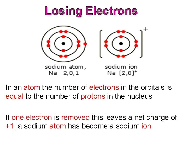 Losing Electrons In an atom the number of electrons in the orbitals is equal