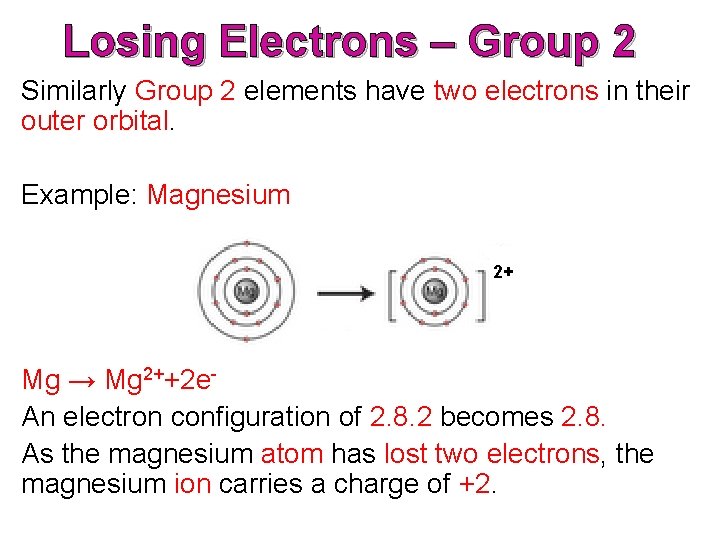 Losing Electrons – Group 2 Similarly Group 2 elements have two electrons in their