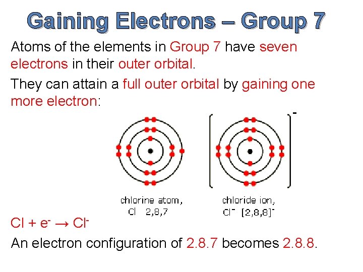 Gaining Electrons – Group 7 Atoms of the elements in Group 7 have seven