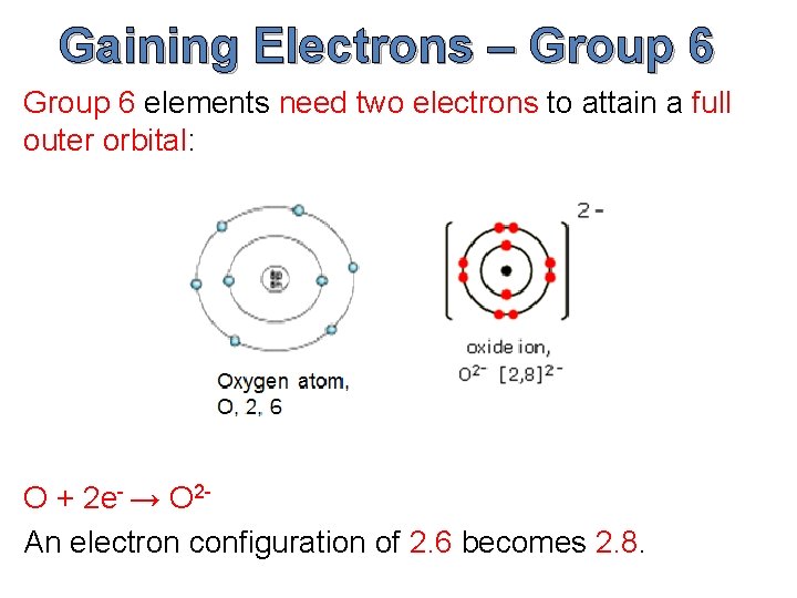 Gaining Electrons – Group 6 elements need two electrons to attain a full outer