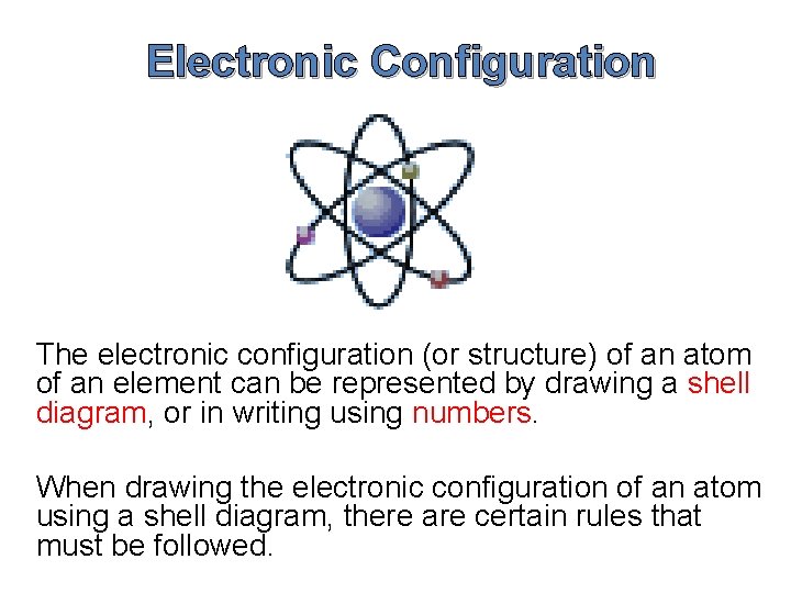 Electronic Configuration The electronic configuration (or structure) of an atom of an element can