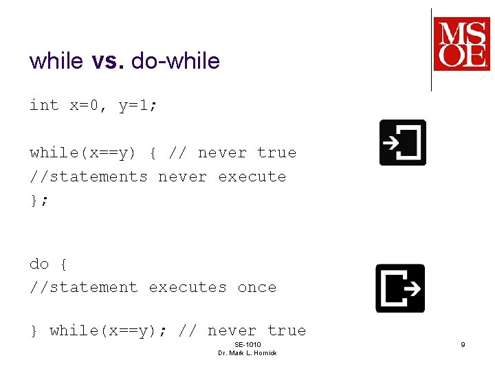 while vs. do-while int x=0, y=1; while(x==y) { // never true //statements never execute