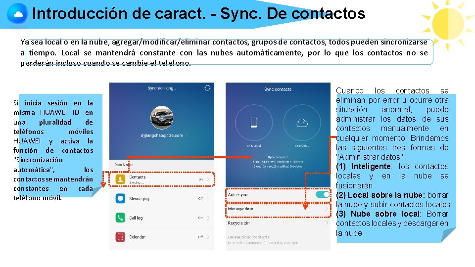 Introducción de caract. - Sync. De contactos Ya sea local o en la nube,