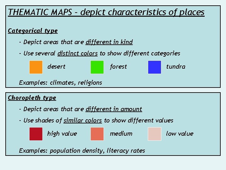 THEMATIC MAPS – depict characteristics of places Categorical type - Depict areas that are