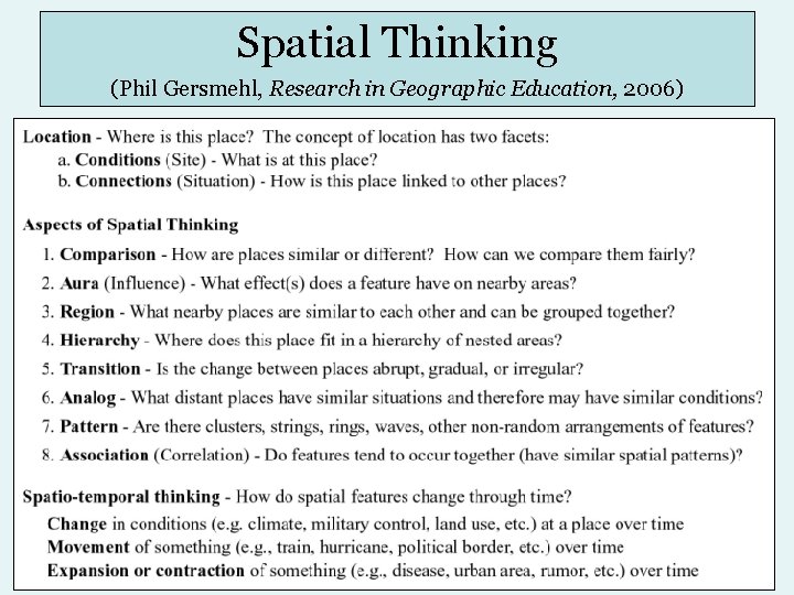 Spatial Thinking (Phil Gersmehl, Research in Geographic Education, 2006) 