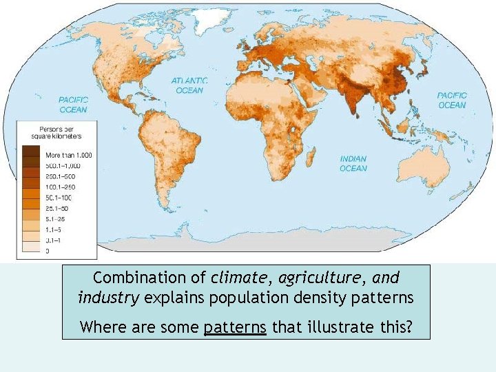 Combination of climate, agriculture, and industry explains population density patterns Where are some patterns