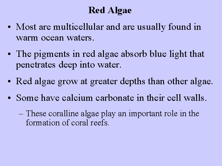 Red Algae • Most are multicellular and are usually found in warm ocean waters.