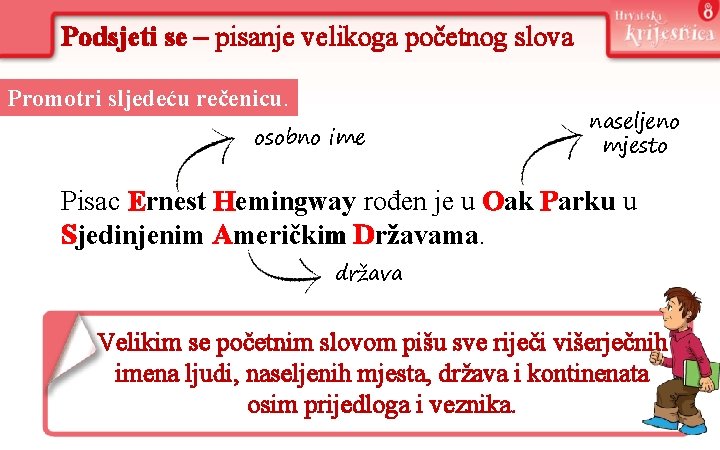 Podsjeti se – pisanje velikoga početnog slova Promotri sljedeću rečenicu. osobno ime naseljeno mjesto