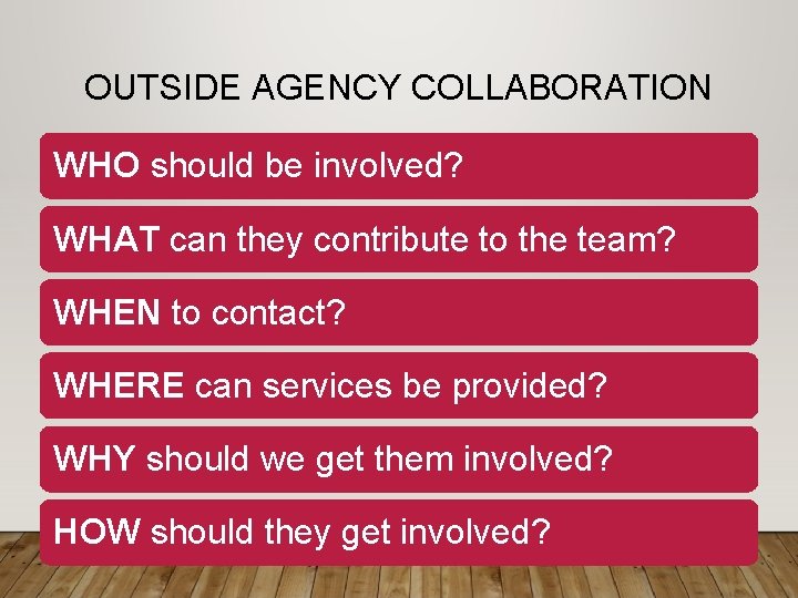 OUTSIDE AGENCY COLLABORATION WHO should be involved? WHAT can they contribute to the team?