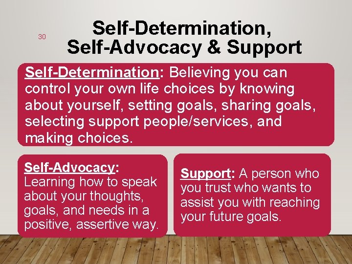 30 Self-Determination, Self-Advocacy & Support Self-Determination: Believing you can control your own life choices