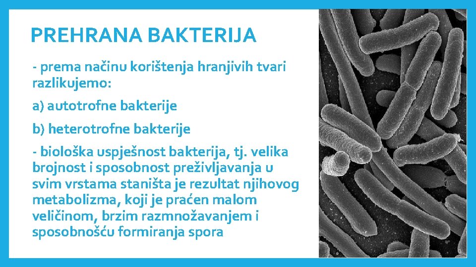 PREHRANA BAKTERIJA - prema načinu korištenja hranjivih tvari razlikujemo: a) autotrofne bakterije b) heterotrofne