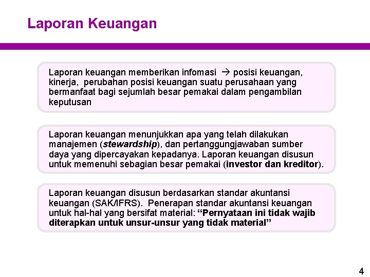 Laporan Keuangan Laporan keuangan memberikan infomasi posisi keuangan, kinerja, perubahan posisi keuangan suatu perusahaan