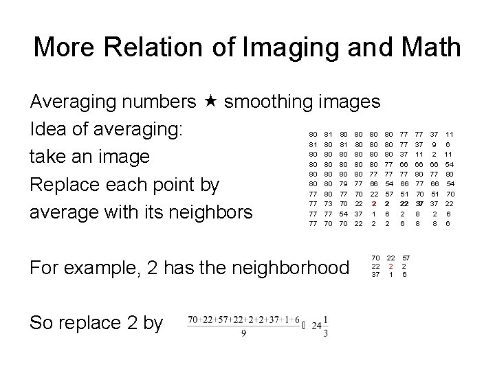 More Relation of Imaging and Math Averaging numbers smoothing images Idea of averaging: take