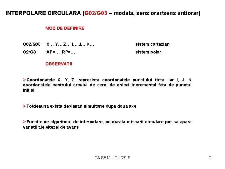 INTERPOLARE CIRCULARA (G 02/G 03 – modala, sens orar/sens antiorar) MOD DE DEFINIRE G