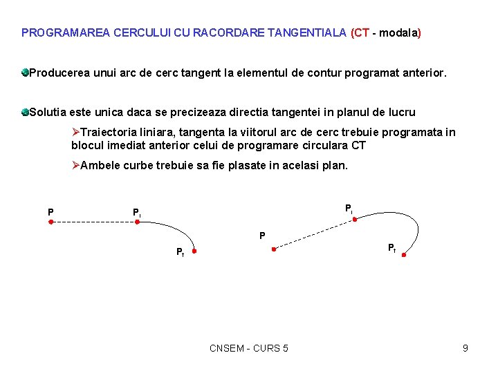 PROGRAMAREA CERCULUI CU RACORDARE TANGENTIALA (CT - modala) Producerea unui arc de cerc tangent