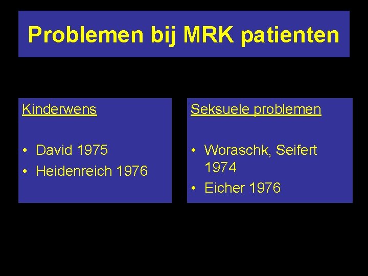 Problemen bij MRK patienten Kinderwens Seksuele problemen • David 1975 • Heidenreich 1976 •
