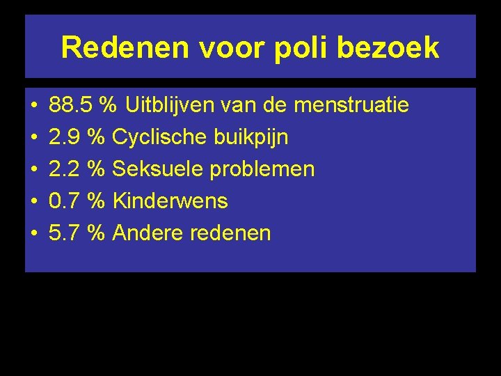 Redenen voor poli bezoek • • • 88. 5 % Uitblijven van de menstruatie