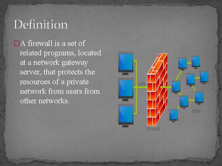 Definition �A firewall is a set of related programs, located at a network gateway