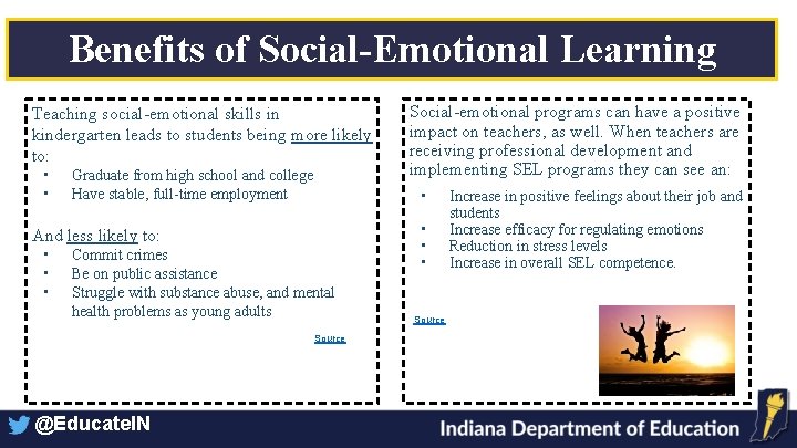 Benefits of Social-Emotional Learning Teaching social-emotional skills in kindergarten leads to students being more