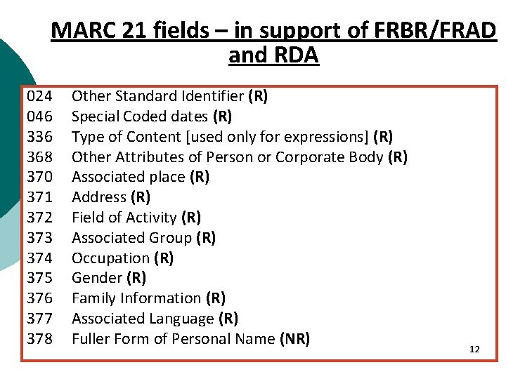 MARC 21 fields – in support of FRBR/FRAD and RDA 024 046 336 368