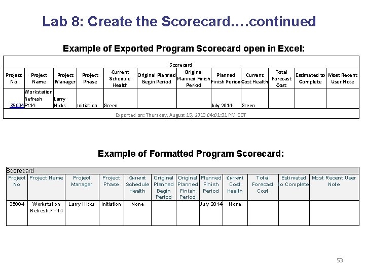 Lab 8: Create the Scorecard…. continued Example of Exported Program Scorecard open in Excel: